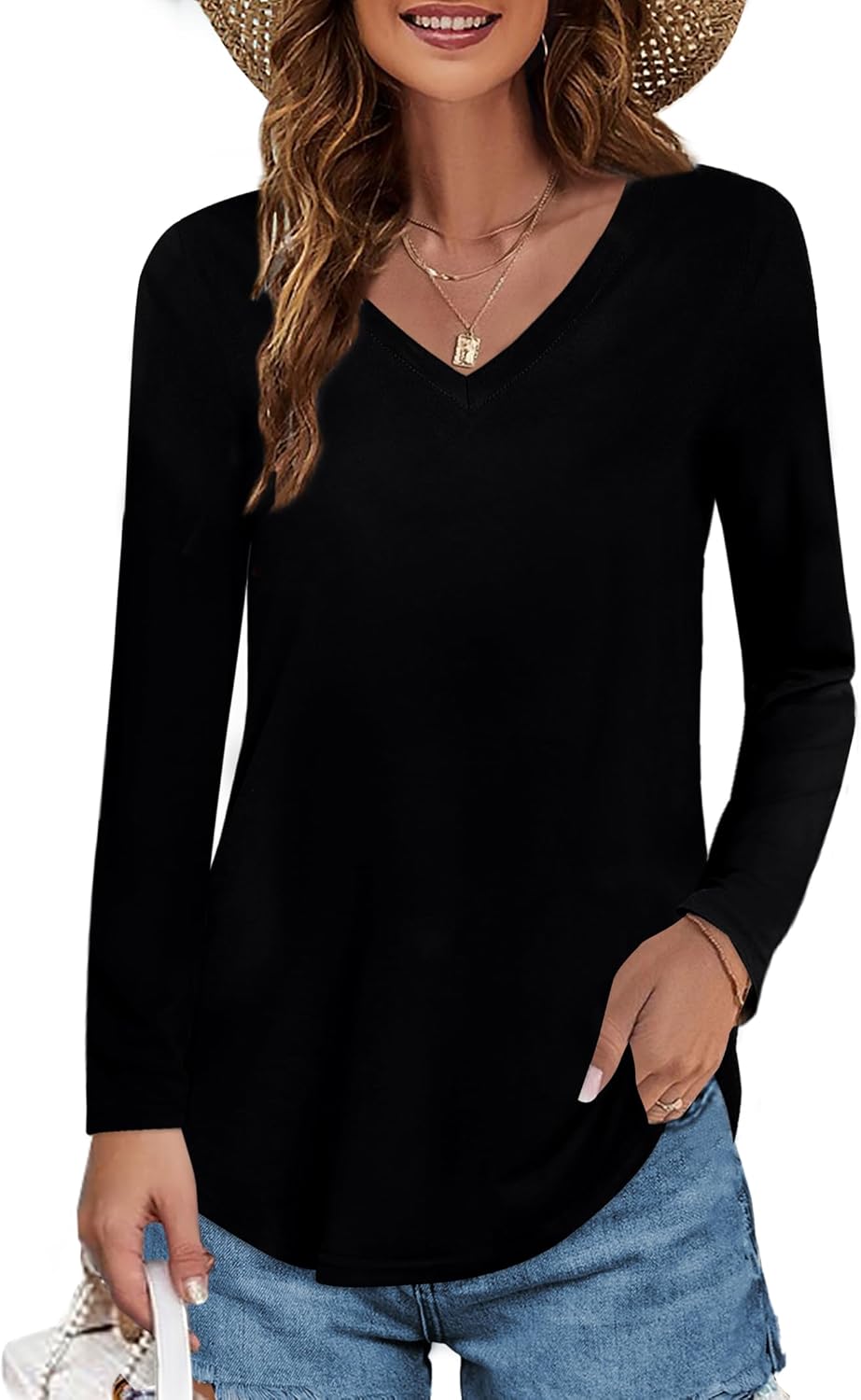 Elesomo Womens T Shirts V Neck Summer Short/Long Sleeve Cotton Tops Tees Long Sl...