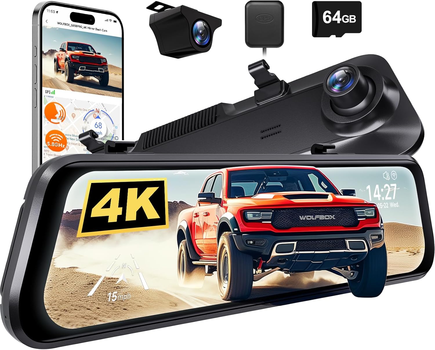 WOLFBOX G850 PRO 4K Mirror Dash Cam with ADAS and BSD, Smart Rear View Mirror wi...
