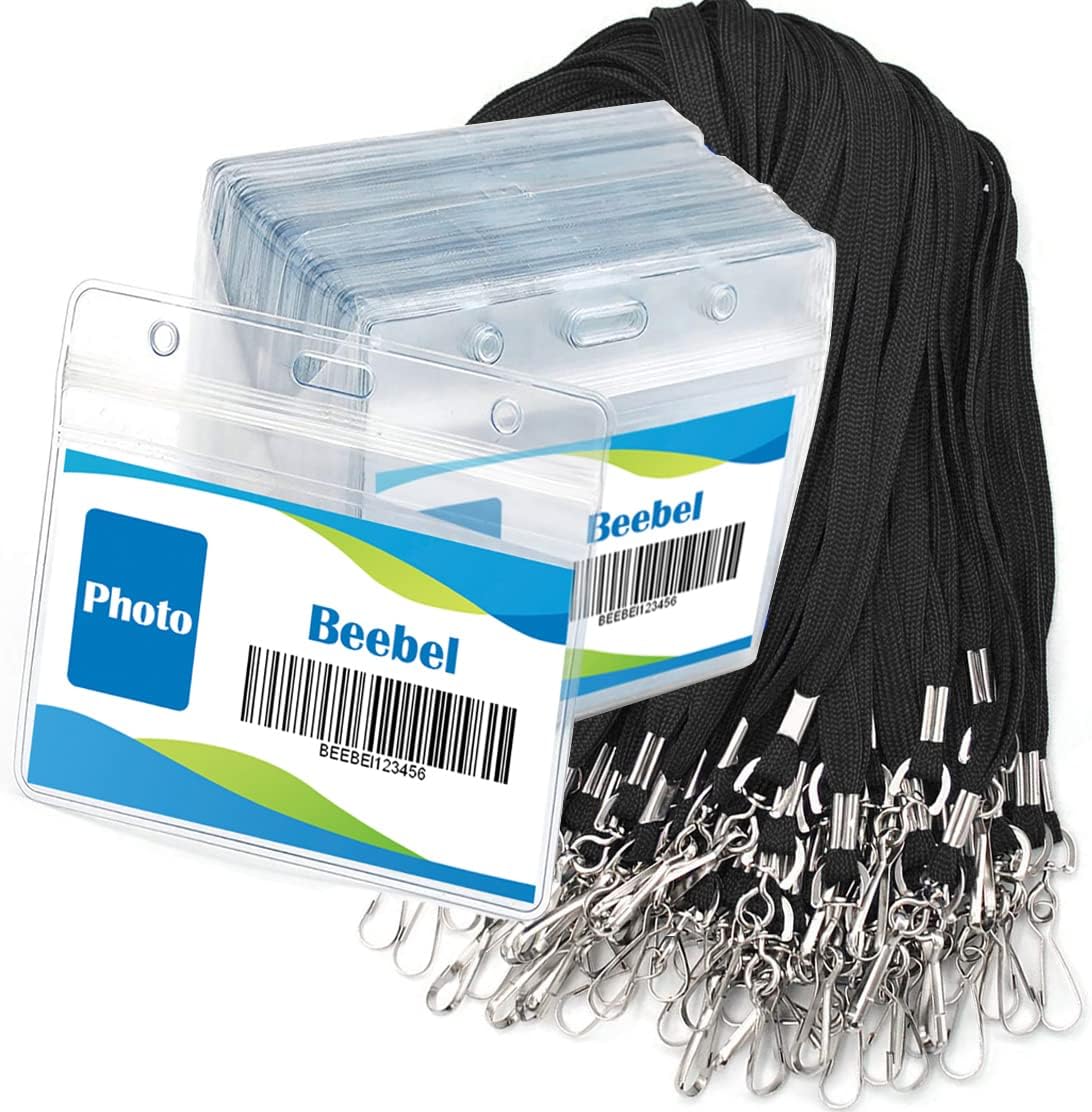 Beebel Lanyard with Waterproof ID Card Holder 50Pcs Clear Plastic Horizontal Nam...