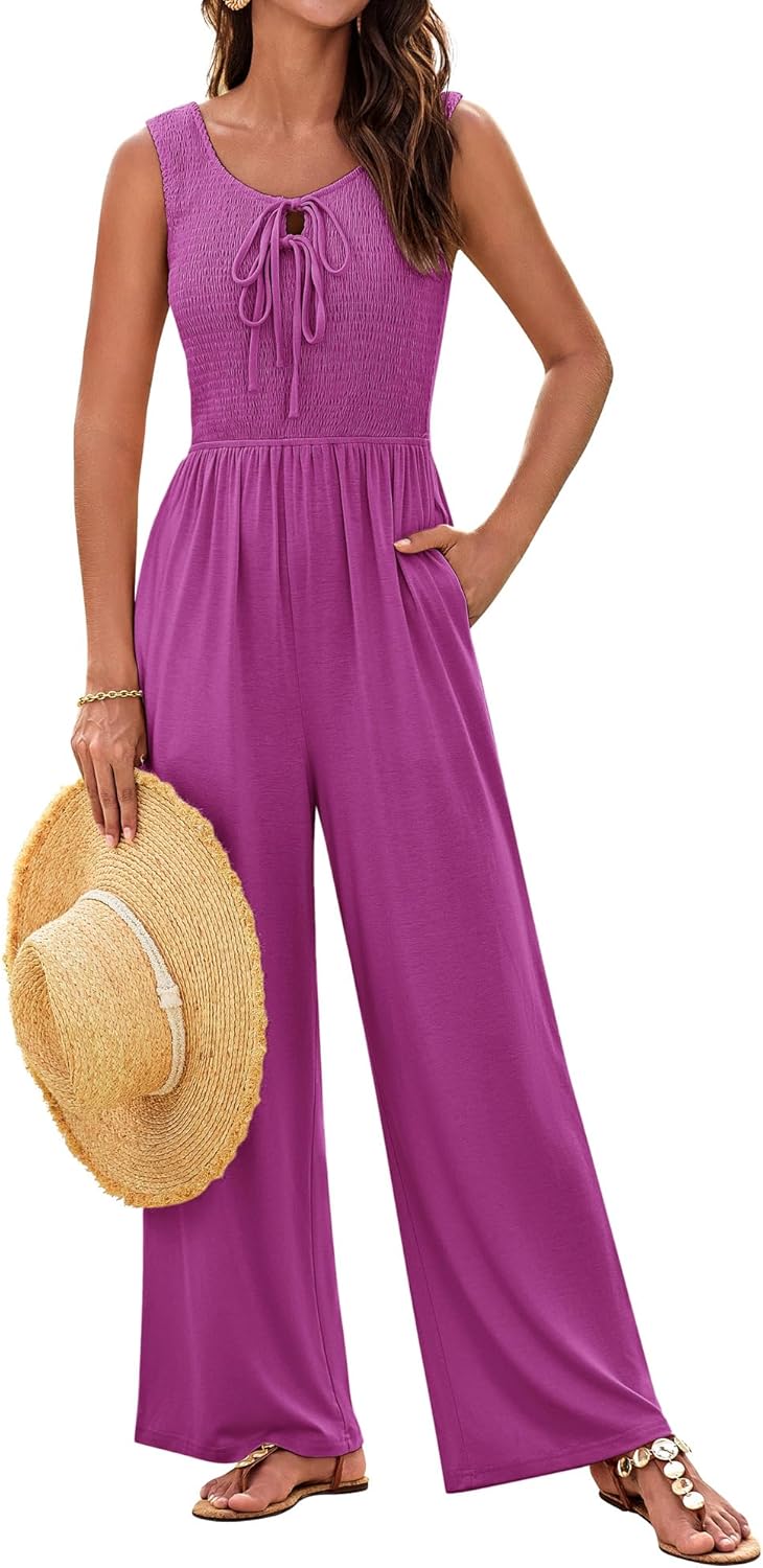 GRACE KARIN Jumpsuits for Women Bow Tie Front Overalls Smocked Tops Wide Legs Ca...