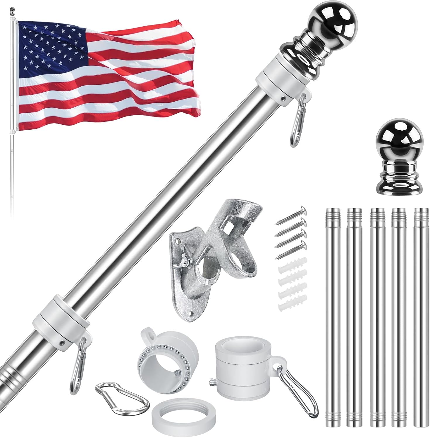 American Flag Pole Kit, Including 100% Polyester 3x5 ft US Flag, 5 Ft Aluminum W...