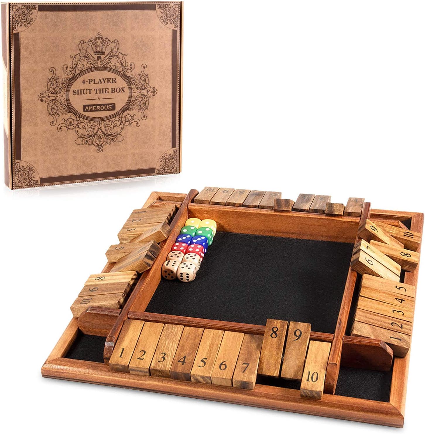 AMEROUS 1-4 Players Shut The Box Dice Game, Wooden Board Table Math Game with 12...