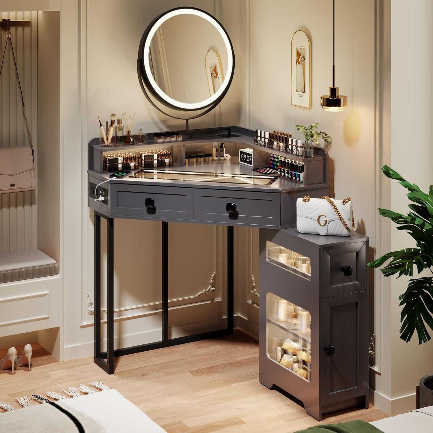 Corner Vanity with Mirror and Lights,Modern Makeup Vanity Set with Power Outlet,...