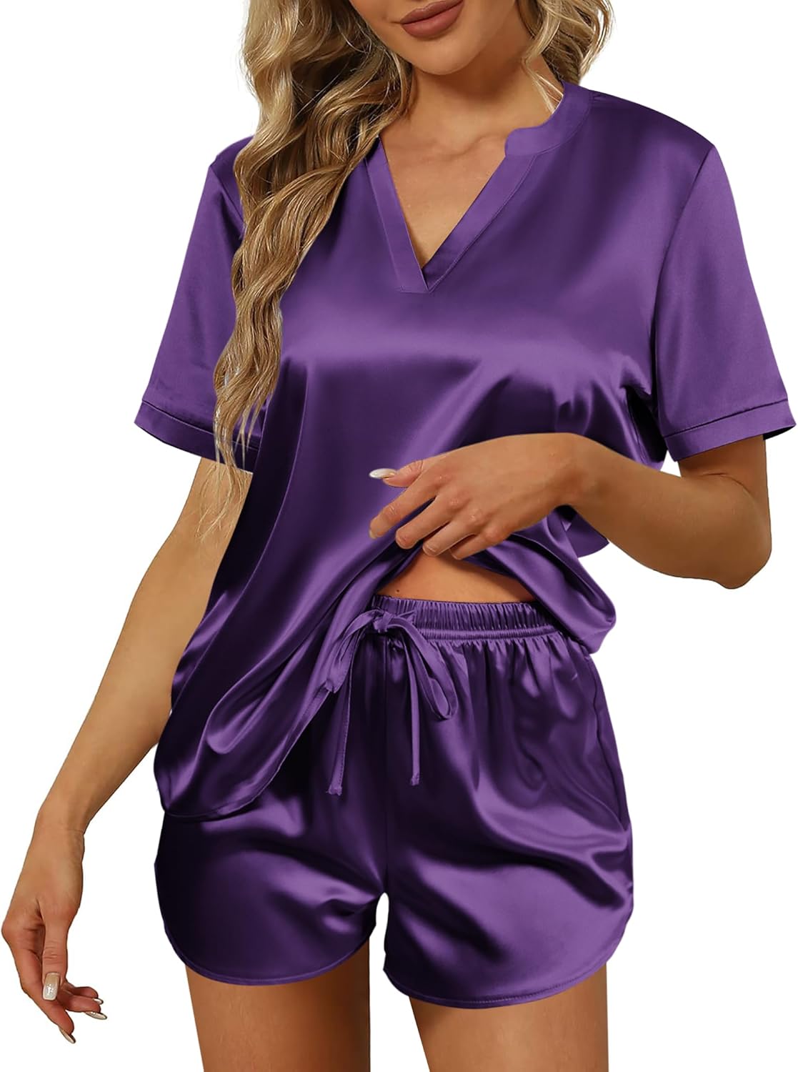 Ekouaer Silk Pajamas for Women Short Sleeve Sleepwear Two-piece Pjs Set Soft V N...