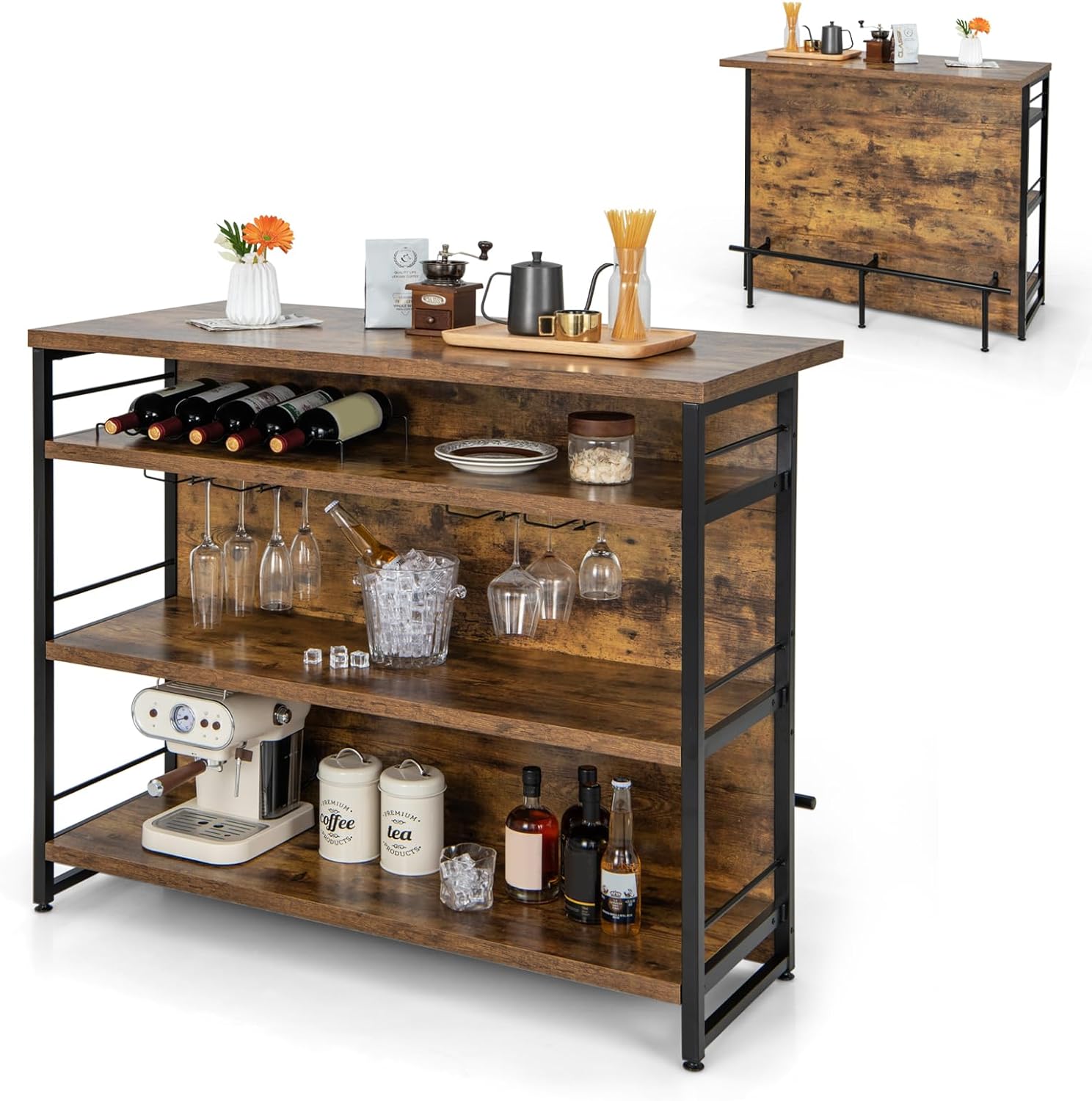 COSTWAY 2-in-1 Industrial Kitchen Island, 4-Tier Bar Table Sideboard with 3 Open...