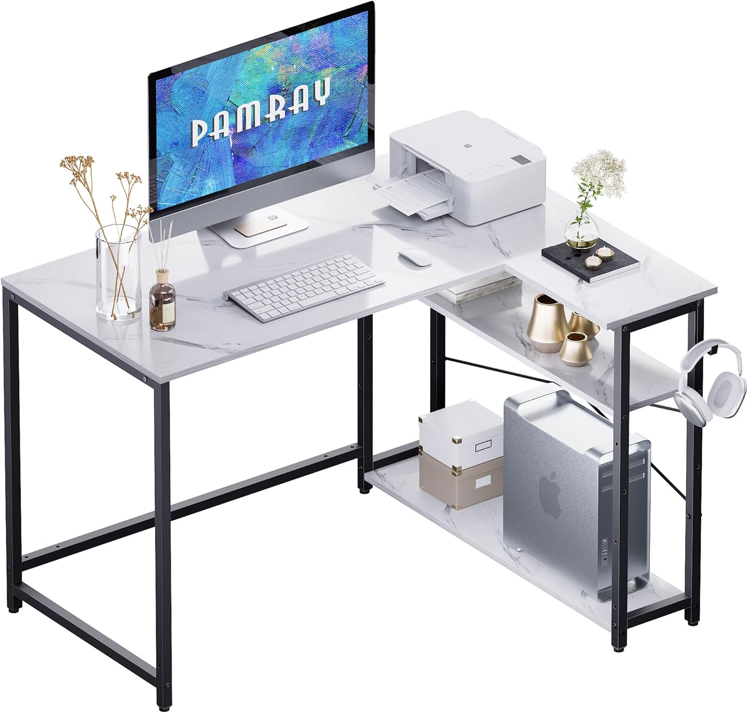 Pamray 43 Inch L Shaped Computer Desk with Reversible Side Storage Shelves, Smal...