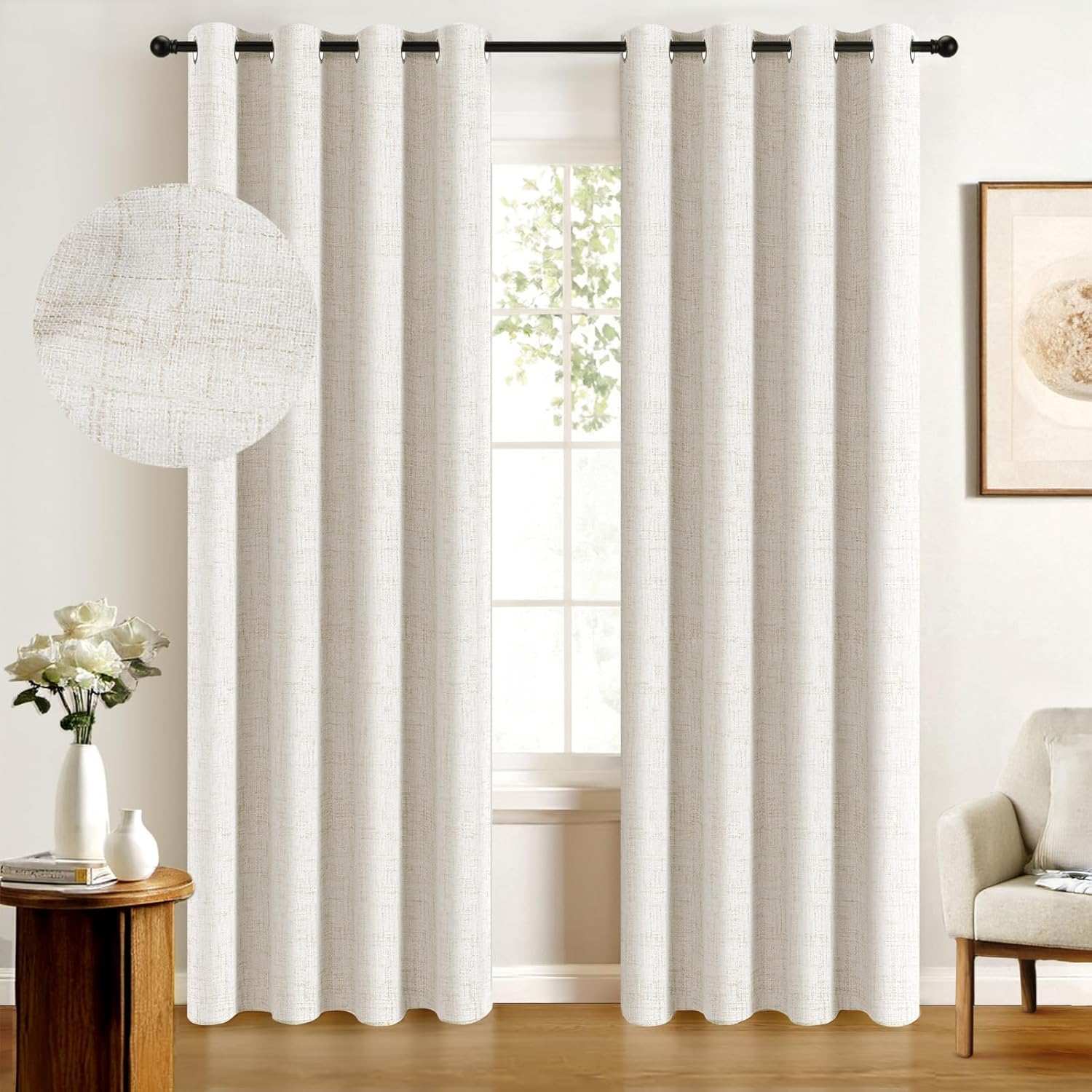 100% Blackout Shield Linen Blackout Curtains for Bedroom, Thermal Insulated Curt...