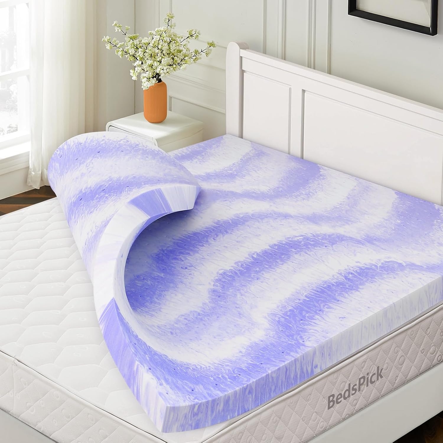 BedsPick 3 Inch Queen Memory Foam Mattress Topper, Gel Infused Swirl Queen Bed T...