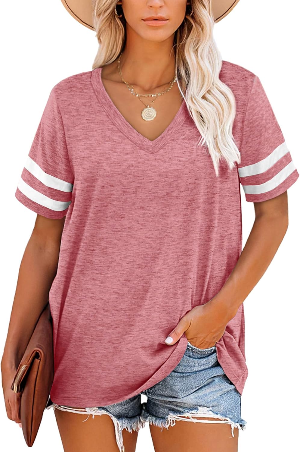 MOLERANI T Shirts for Women Short Sleeve V Neck Striped Summer Tops Casual Loose...