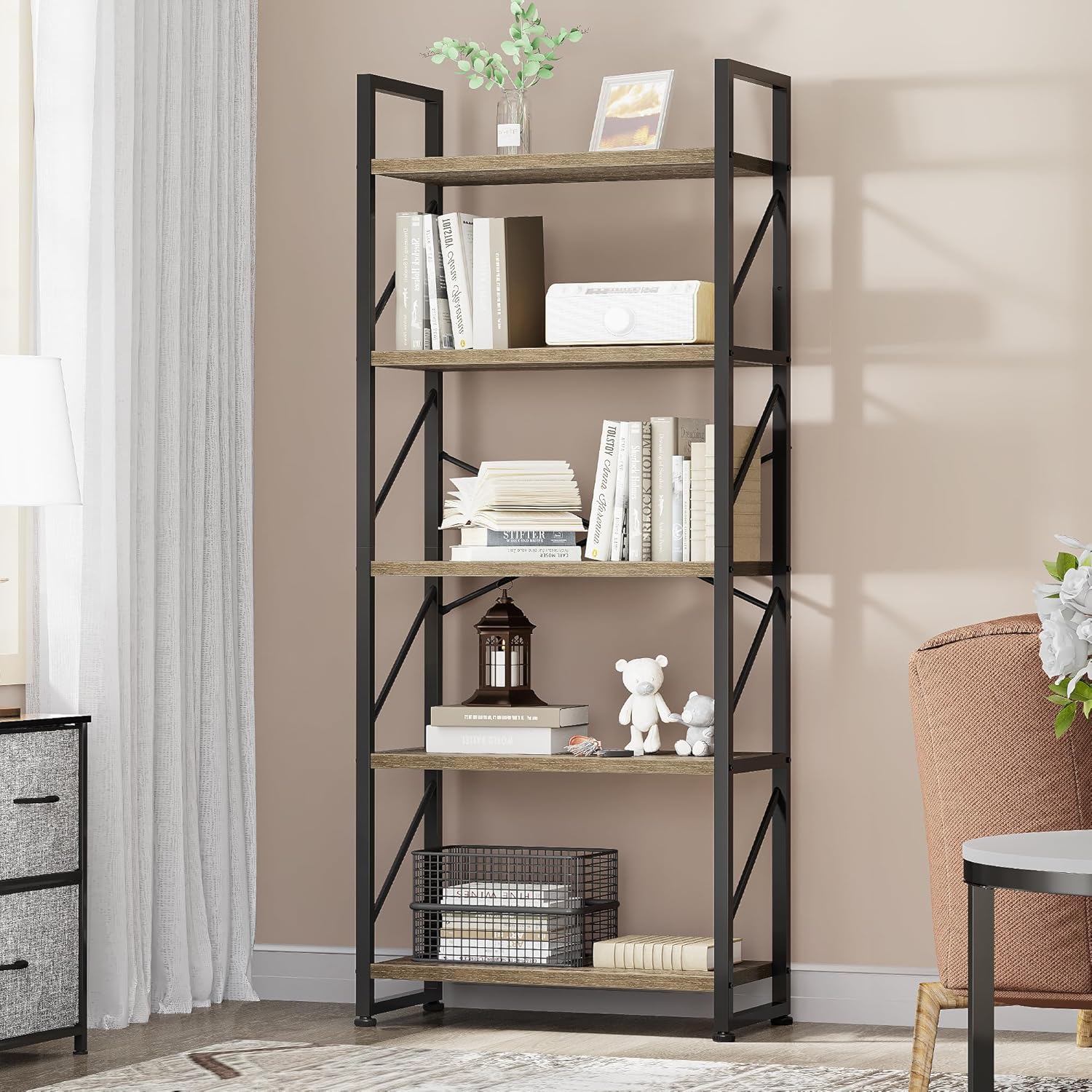 YITAHOME Bookcase 5 Tiers, Floor Standing Book Shelf, Wooden Shelf and Metal Fra...