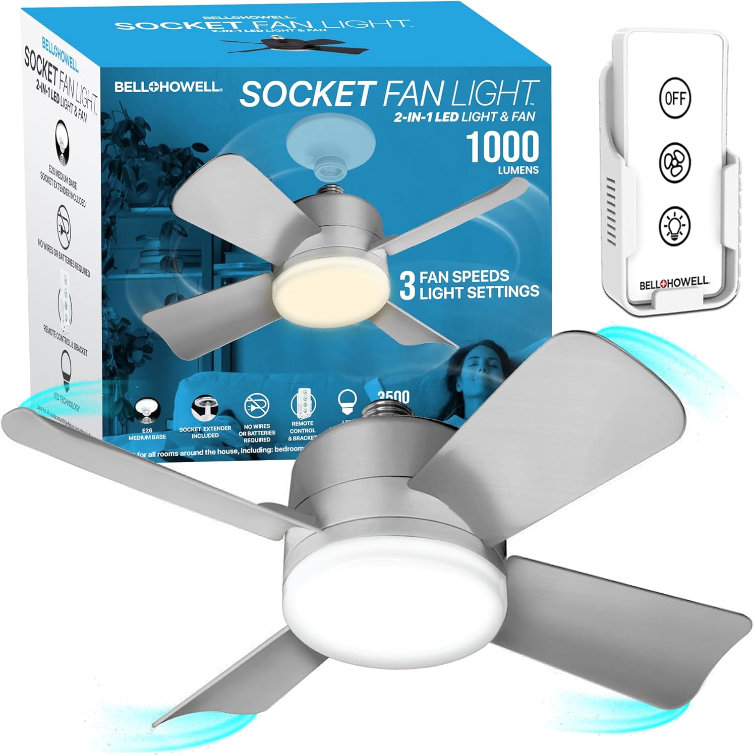 Socket Fan Light Original – Warm Light Ceiling Fans with Lights and Remote, Ceil...
