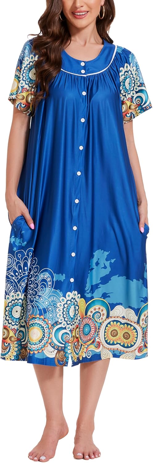 YOZLY House Dress for Women Short Sleeve House Coat Mumu Duster Robe with Pocket...