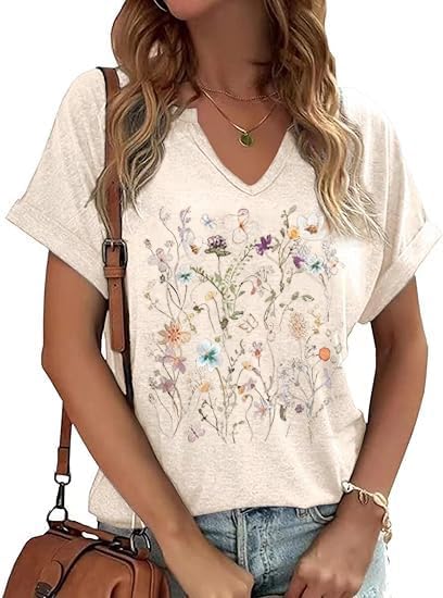 Women's Floral T-Shirts V-Neck Dandelion Sun Flower Graphic Casual Tee Boho Tops...
