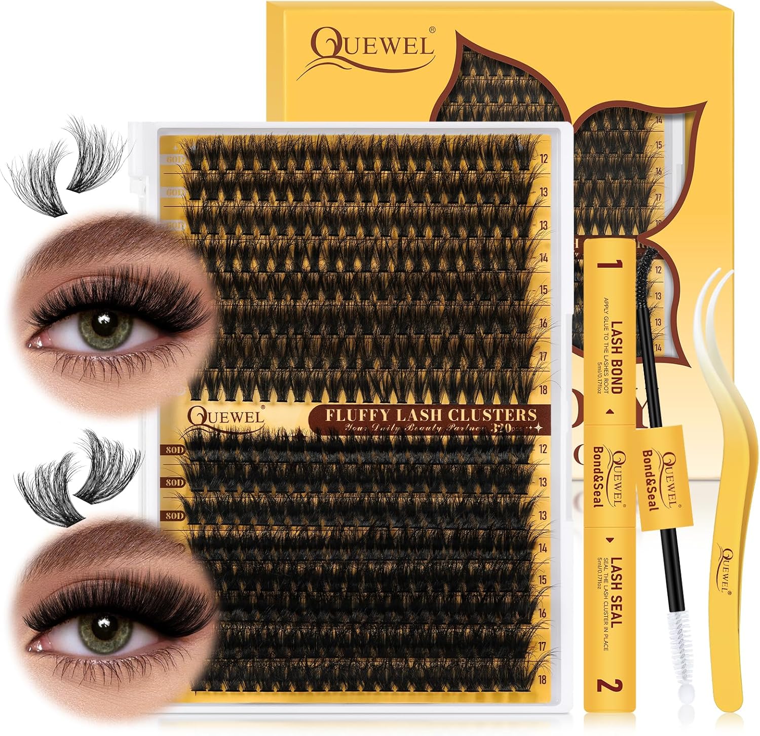 QUEWEL DIY Lash Extension Kit 320Pcs 60D+80D Fluffy Cluster-Lashes Mix 12-18mm T...