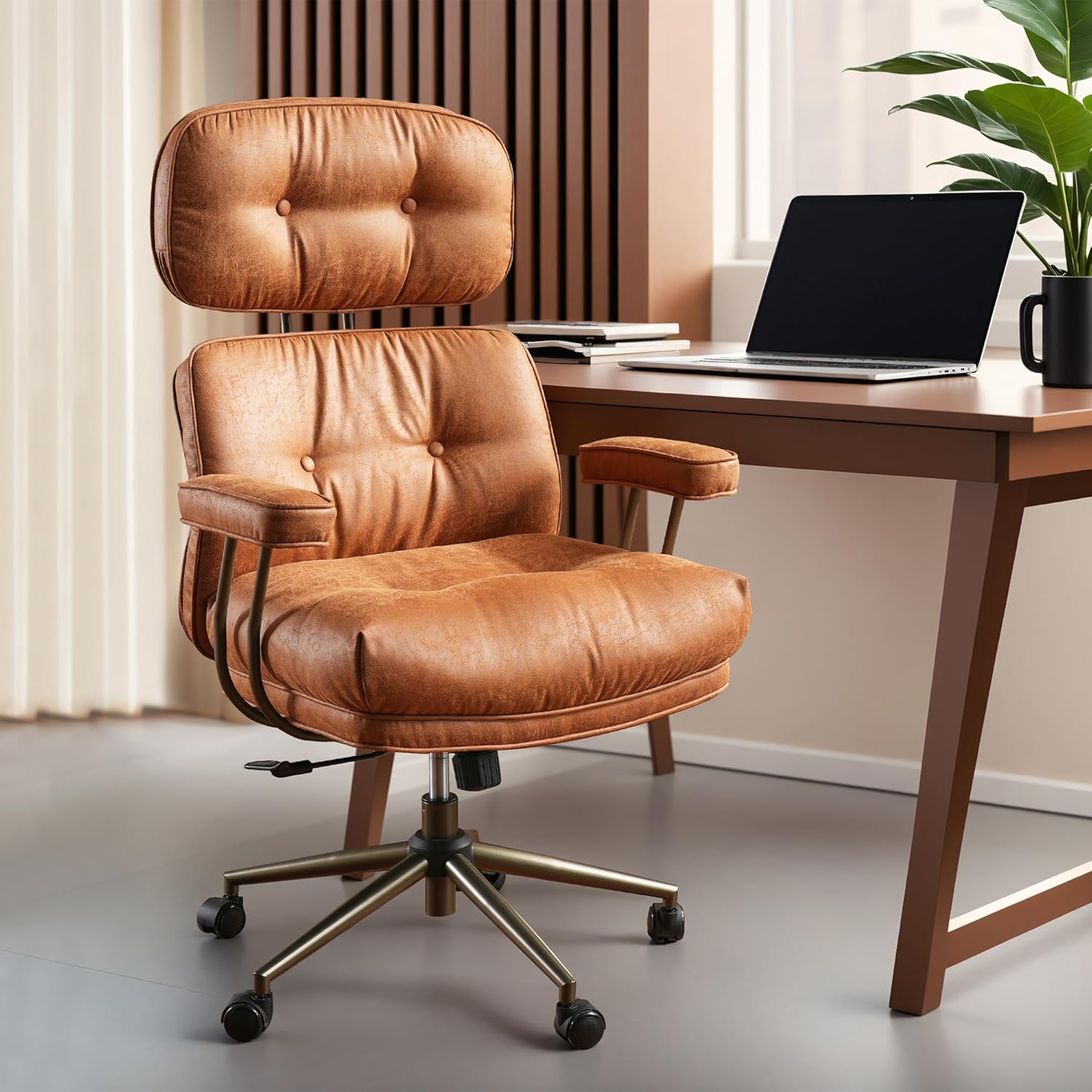 ovios Ergonomic Home Office Chair, Mid-Century Modern Leather Chair with Lumbar...