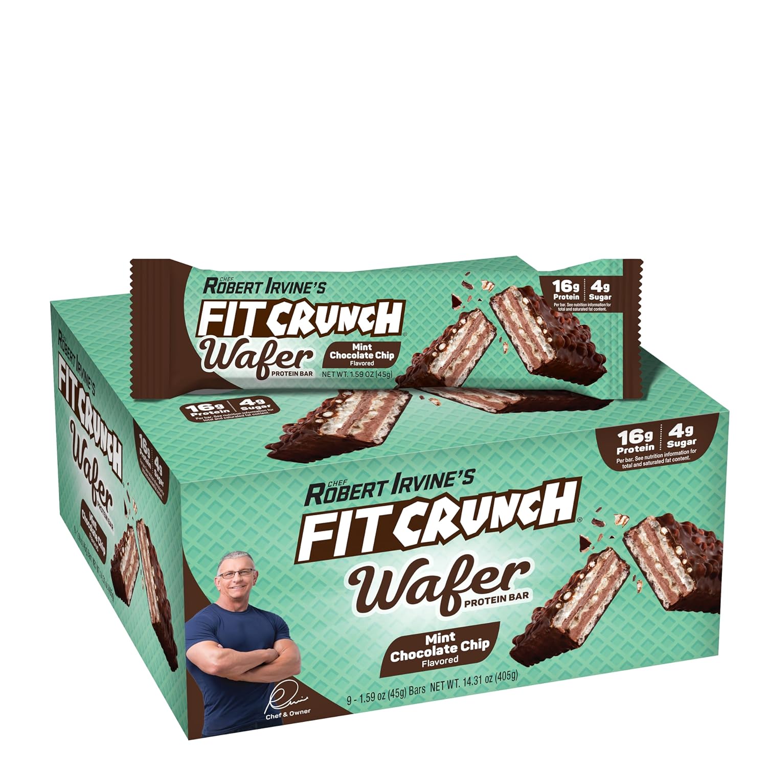 FITCRUNCH Wafer Protein Bars, 16g of Protein & 4g of Sugar (9 Bars, Mint Chocola...