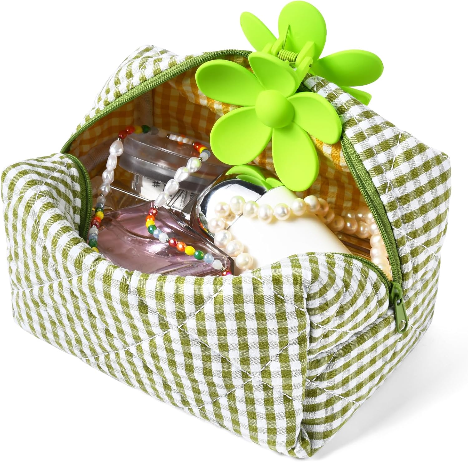 SOIDRAM Quilted Makeup Bag Pink Checkered Cosmetic Bag Cute Puffy Coquette Makeu...