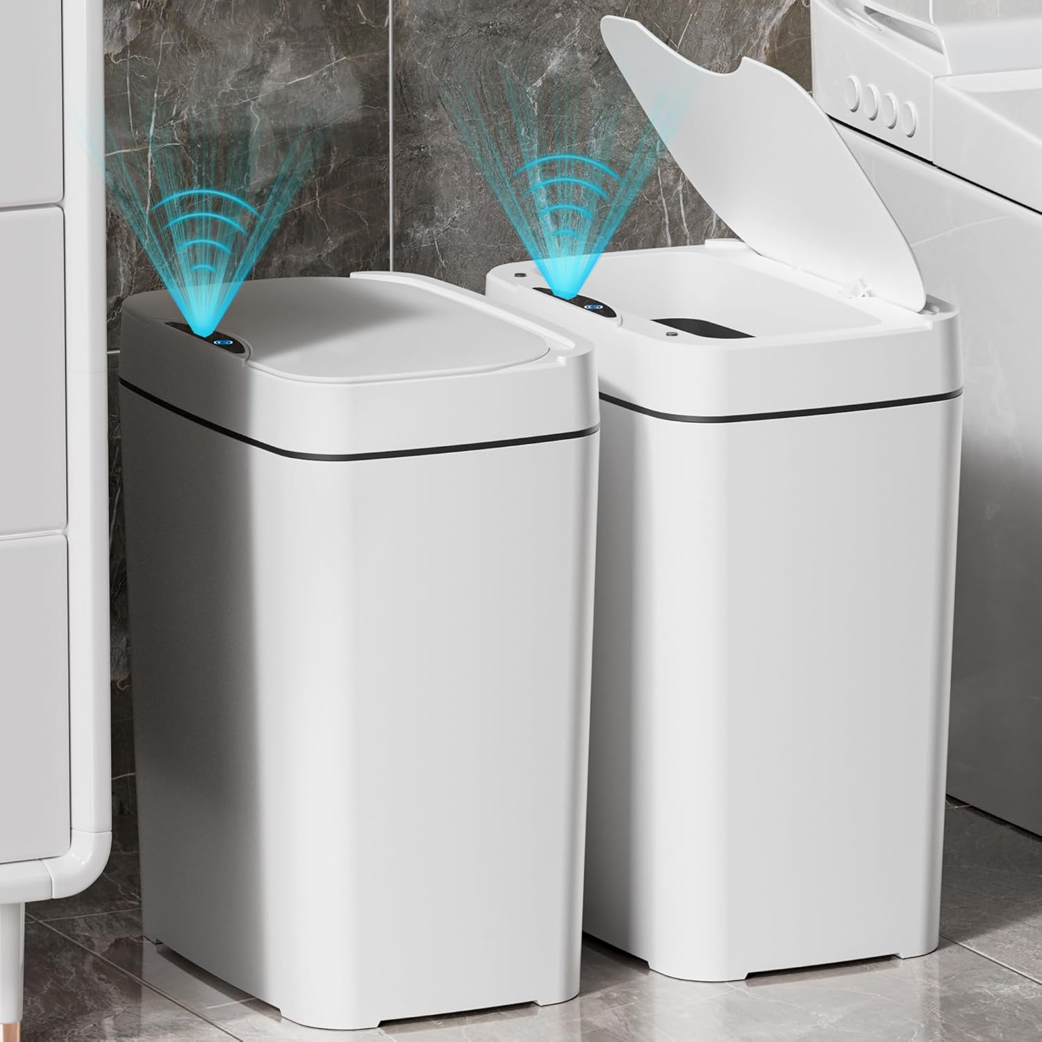 2 Pack 2.7 Gal Bathroom Trash Can with Lid, Automatic Trash Can Small Smart Garb...