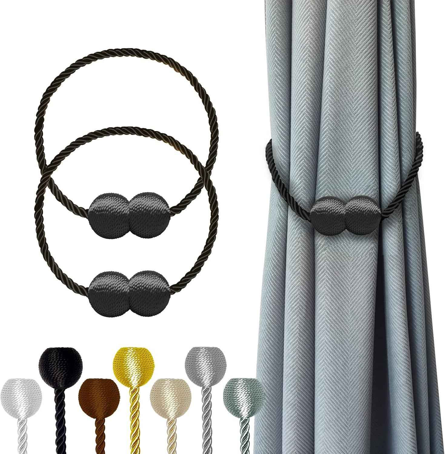 Hion Magnetic Curtain Tiebacks Black 2pcs, Curtain Tiebacks Buckles Holdbacks Ho...