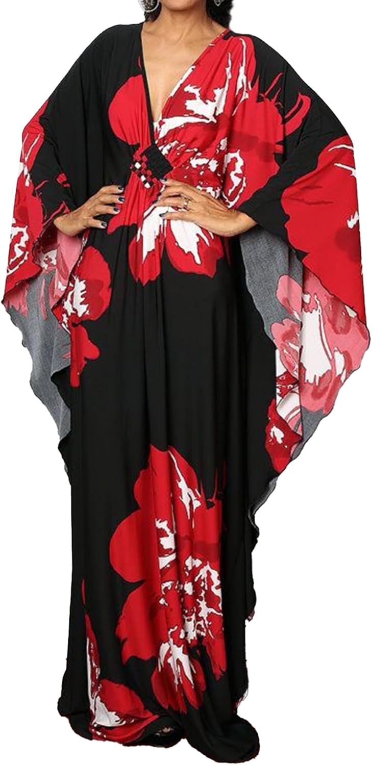 Bsubseach Women Ethnic Print Kaftan Beach Dress Plus Size Swimsuit Cover Up Red...