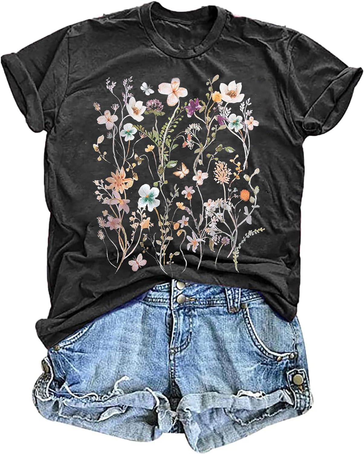 Women's Vintage Floral T Shirt Boho Wildflower Graphic Loose Tees Short Sleeve C...