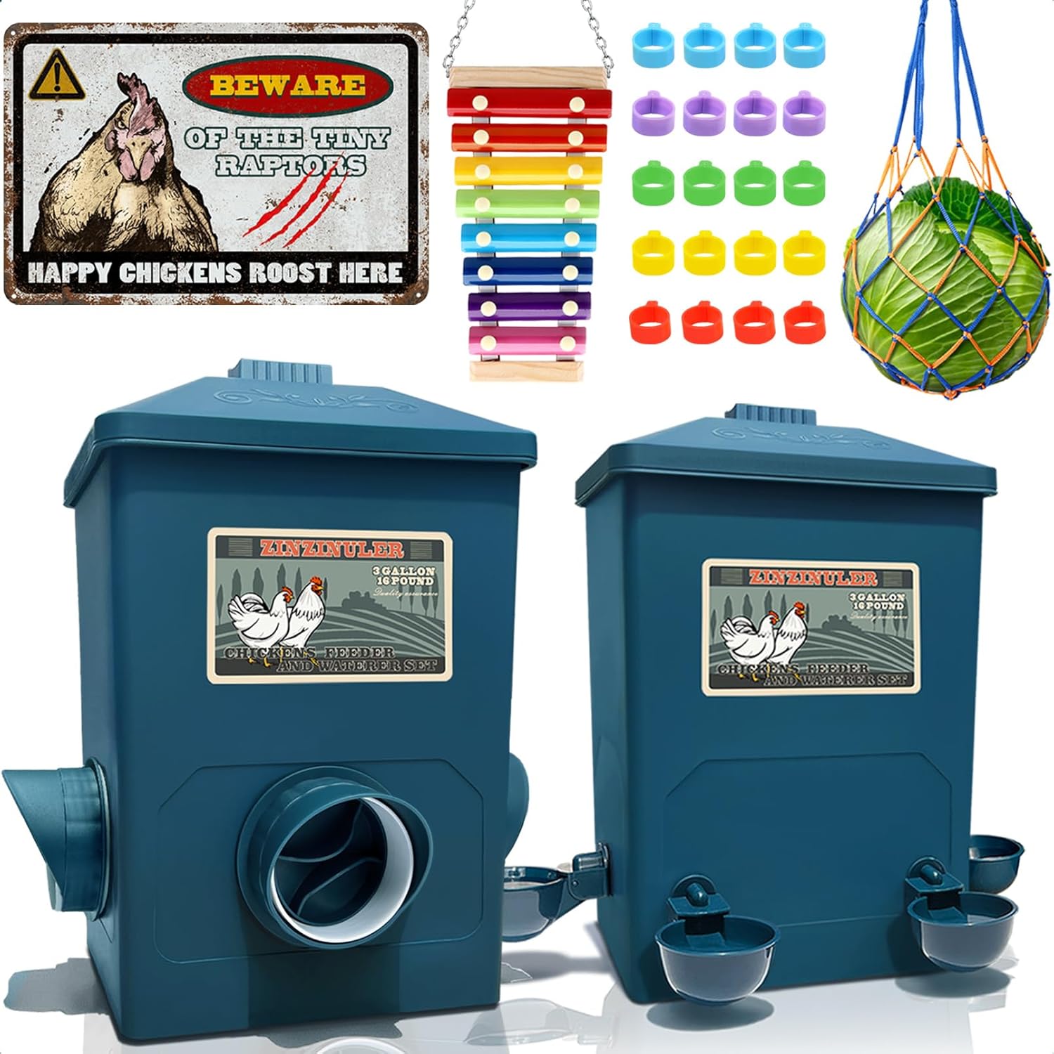 Automatic Port Chicken Feeder and Cup Waterer Set - Chicken Coop Accessories, No...