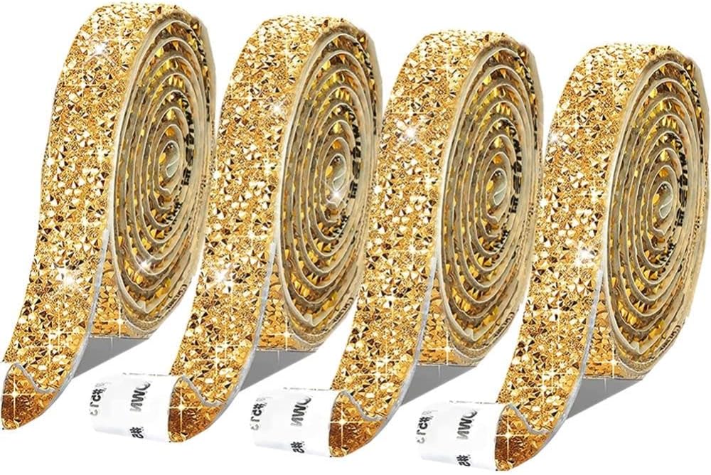 4 Rolls Gold Resin Rhinestone Ribbons Self-Adhesive Crystal Ribbon Roll Glitter...