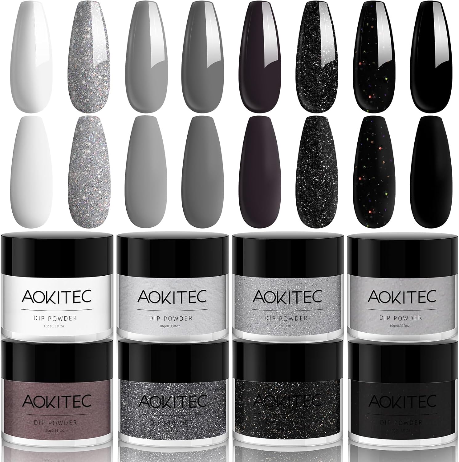 Aokitec 8 Colors Dip Powder Nail Kit, White Black Dip Powder Set Glitter Nail Di...