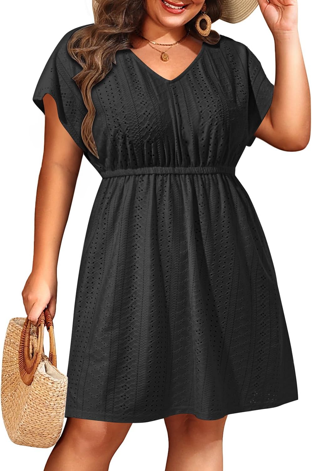 Pinup Fashion Plus Size Swimsuit Cover Up Women - Hollow Out V Neck Beach Dress...