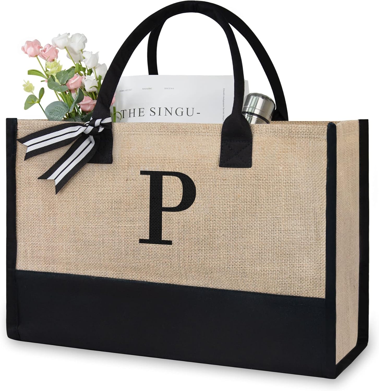 TOPDesign Initial Jute/Canvas Tote Bag, Personalized Present Bag, Suitable for W...