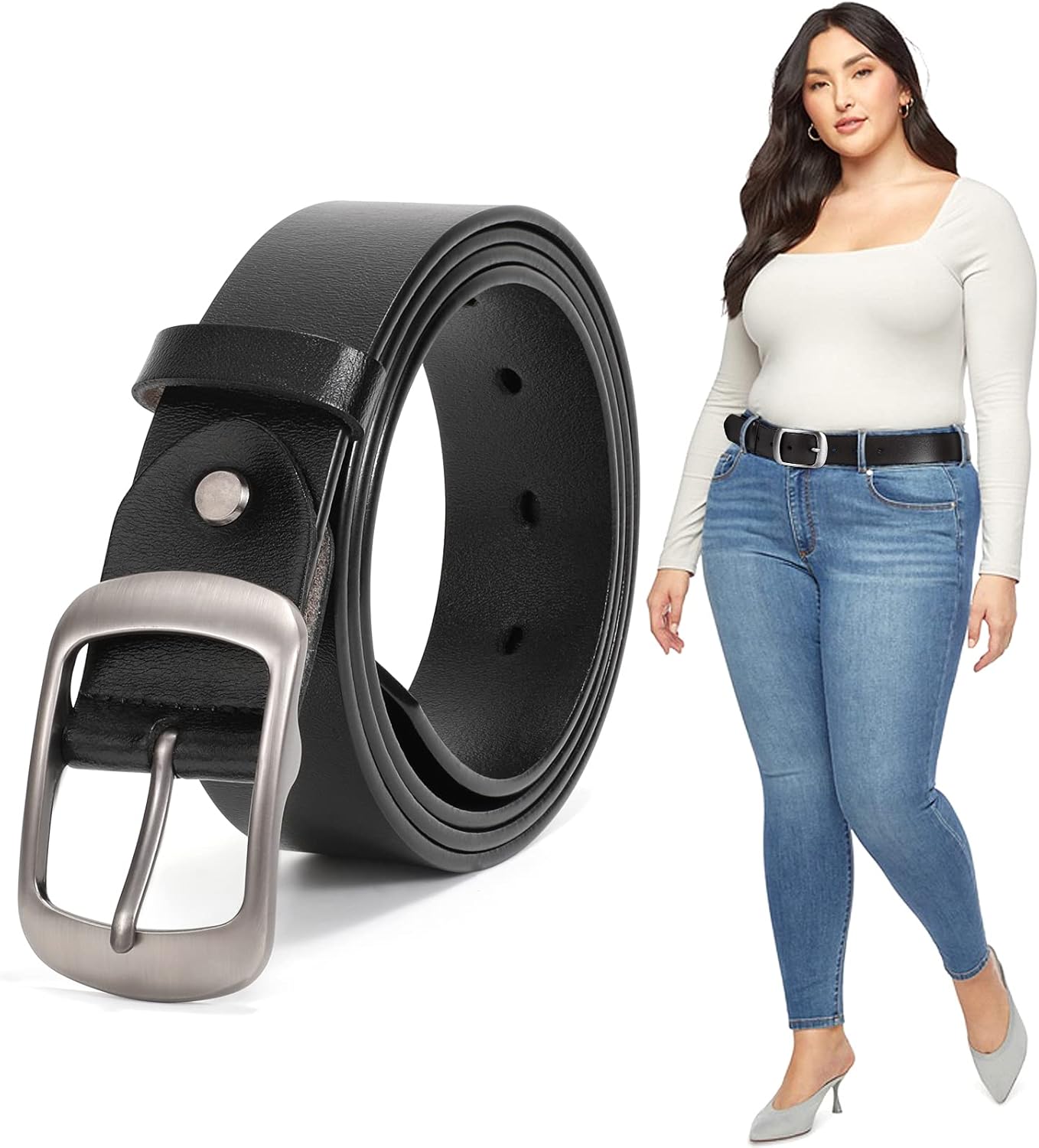 JASGOOD Plus Size Women Leather Belt Black Casual Waist Belt for Jeans Pants wit...