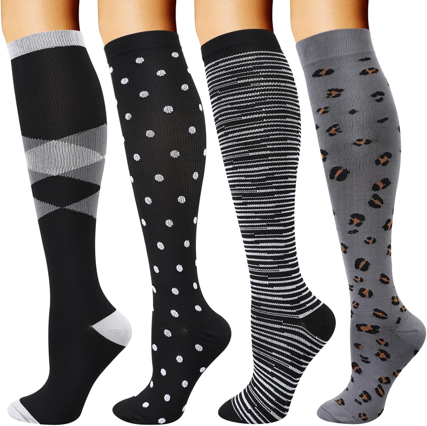 DRESHOW 4 Pairs Compression Socks For Women&Men Circulation Best Support for Ath...