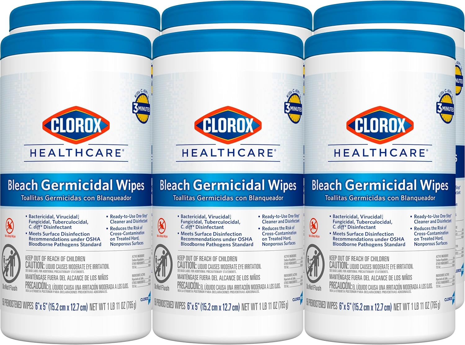 Clorox Healthcare Bleach Germicidal Wipes, 150 Count, Pack of 6 (Package May Var...