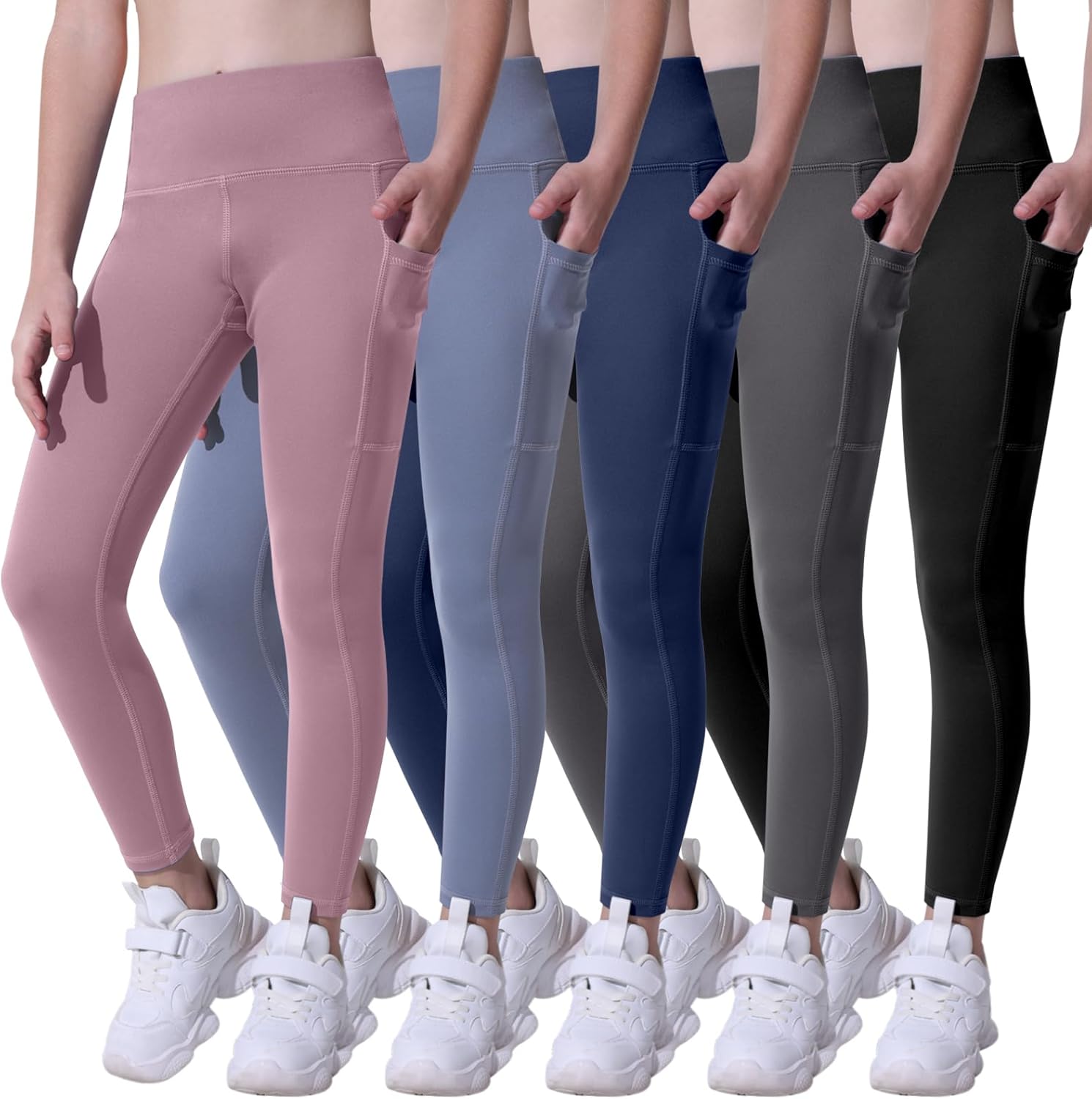 CHRLEISURE Girls' Athletic Leggings with Pockets, 5 Packs Kids Teen Dance Yoga W...