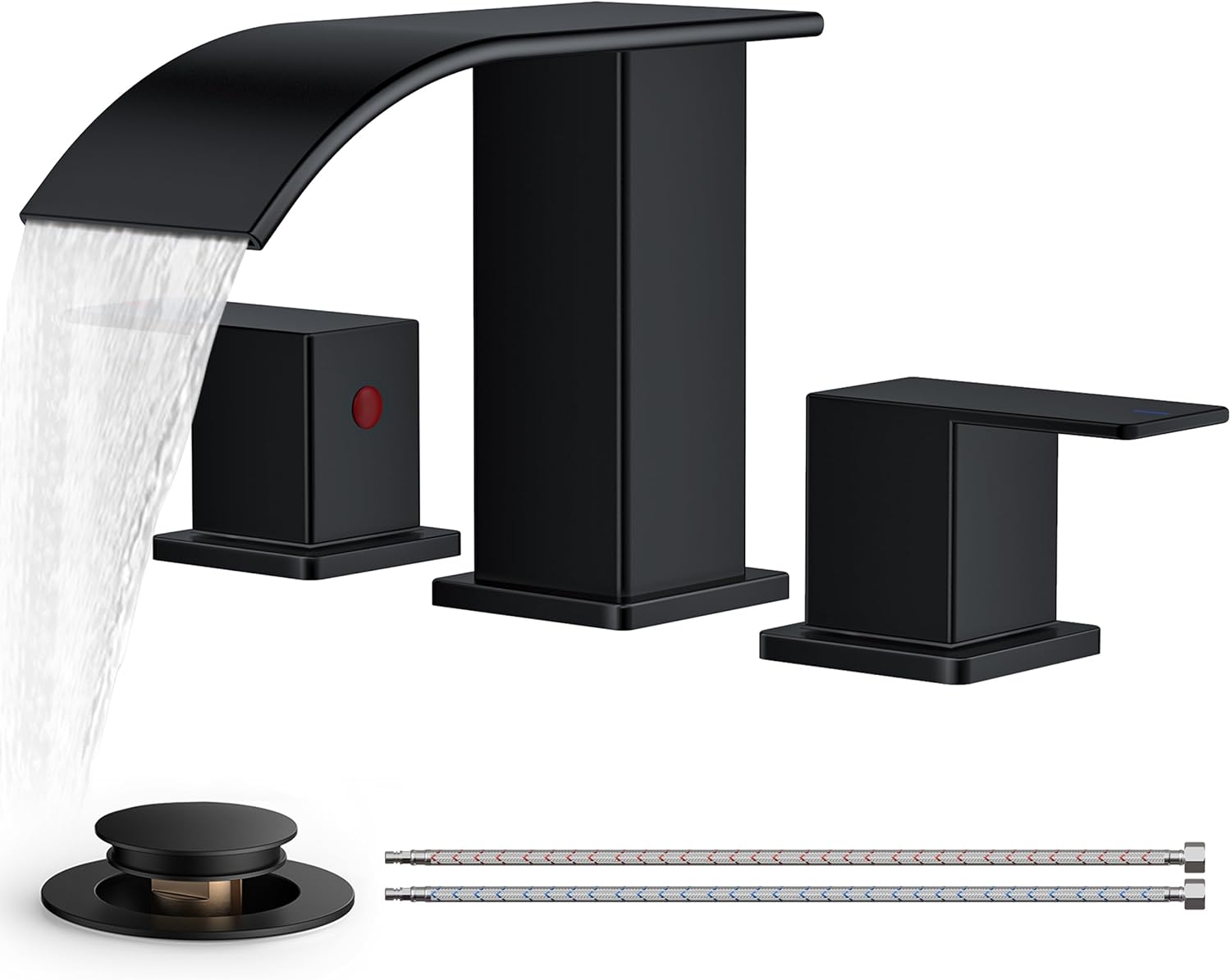 FORIOUS Black Bathroom Faucets 3 Hole, Waterfall Square 8 Inch Widespread Bathro...