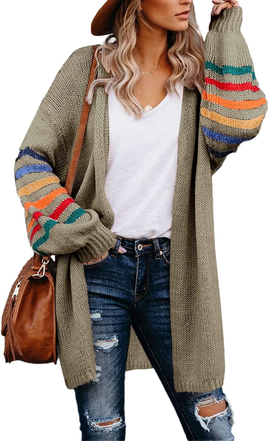 AlvaQ Women's Cardigans Long Sleeve Open Front Rainbow Striped Color Block Loose...