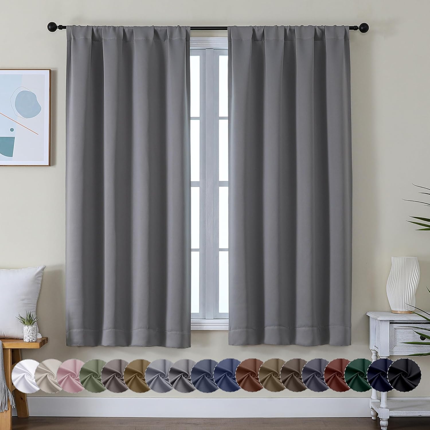Simplebrand Ava Light Grey Blackout Curtains for Bedroom 63 Inch Length 2 Panels...