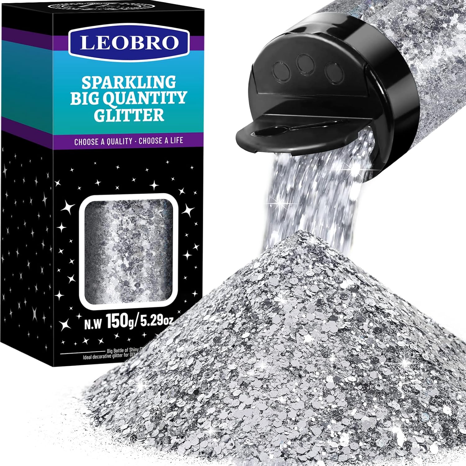 LEOBRO Silver Glitter, 150g/5.29oz Chunky Glitter, Craft Glitter for Resin, Mixe...