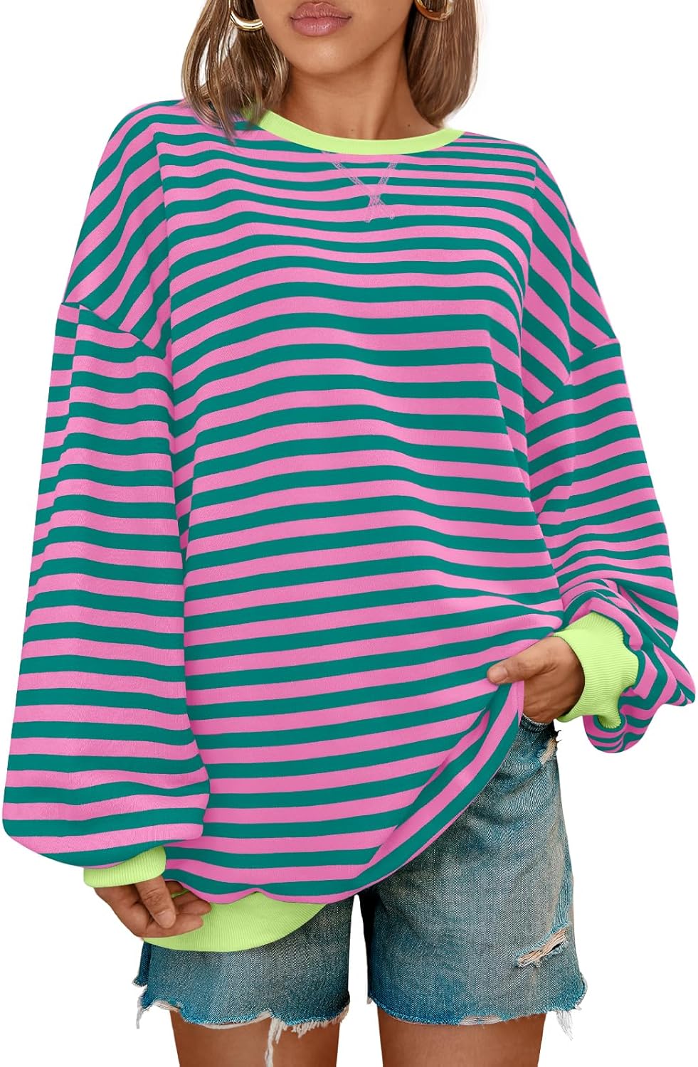 Kissfix Women's Striped Oversized Sweatshirt Long Sleeve Shirts for Women Crewne...