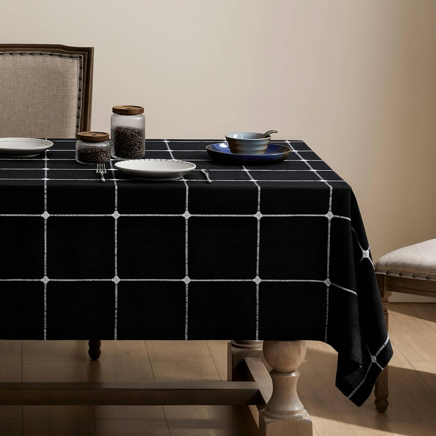 ZeeMart Grid Embroidered Hemmed Tablecloths, Black 54x78 Inch, Farmhouse Style H...