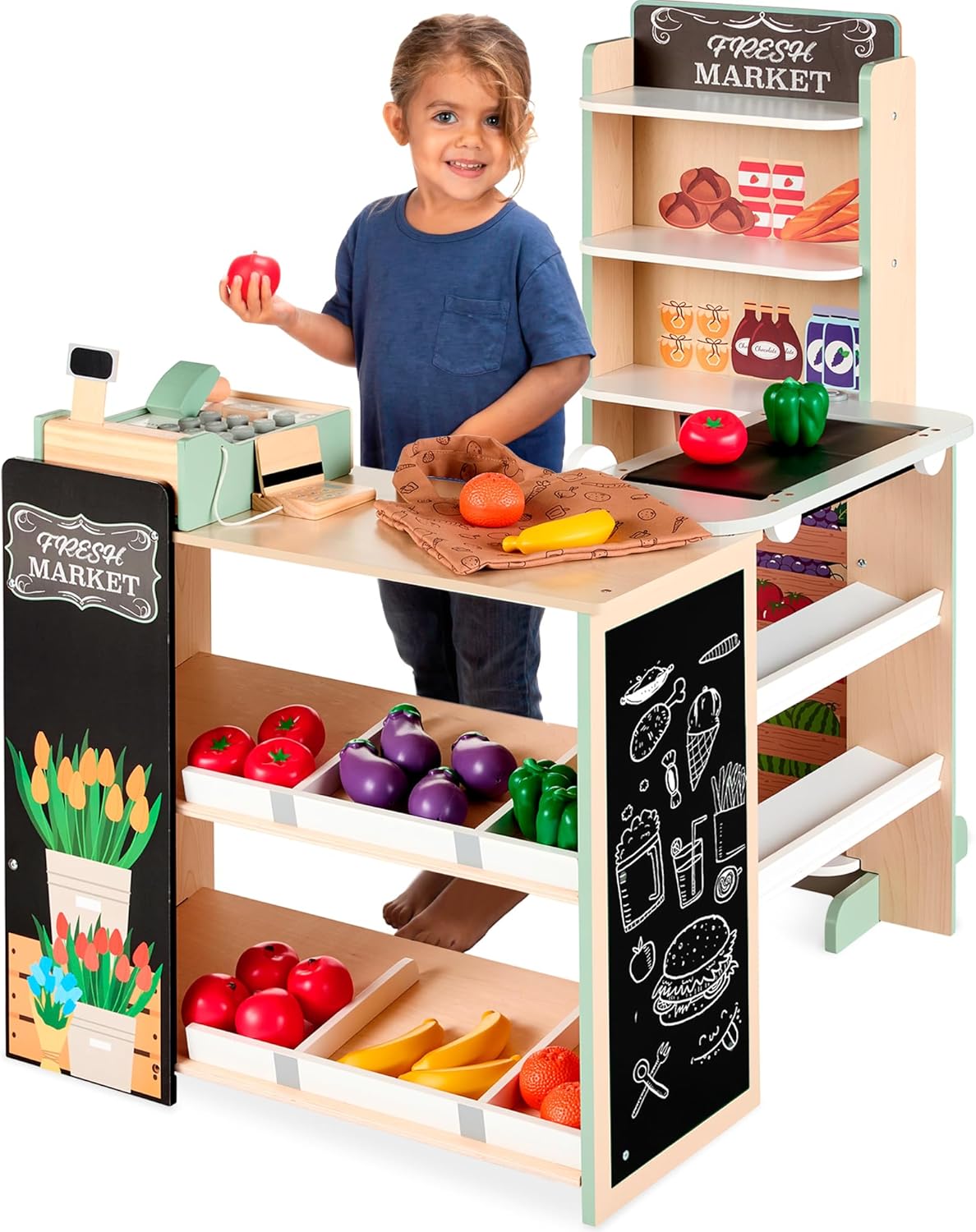 Best Choice Products Pretend Play Grocery Store Wooden Supermarket Toy Set for K...