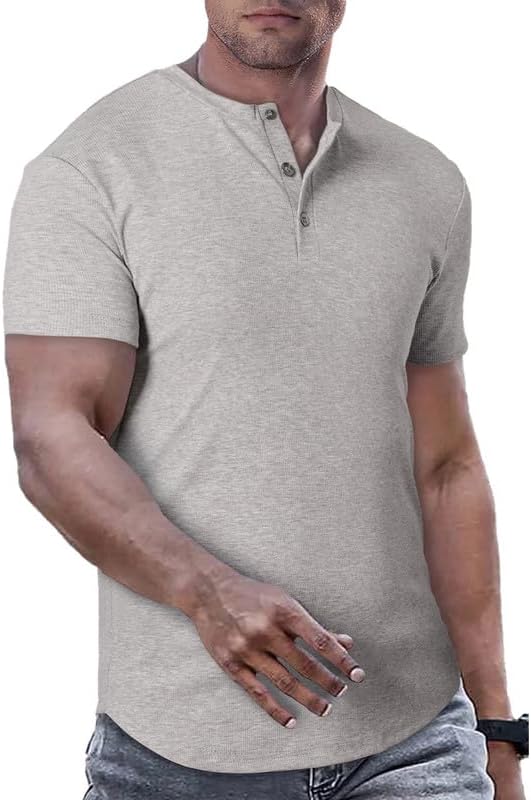 Meilicloth Mens Henley Shirt Top Basic Ribbed Button up Slim Fit Short Sleeve T...