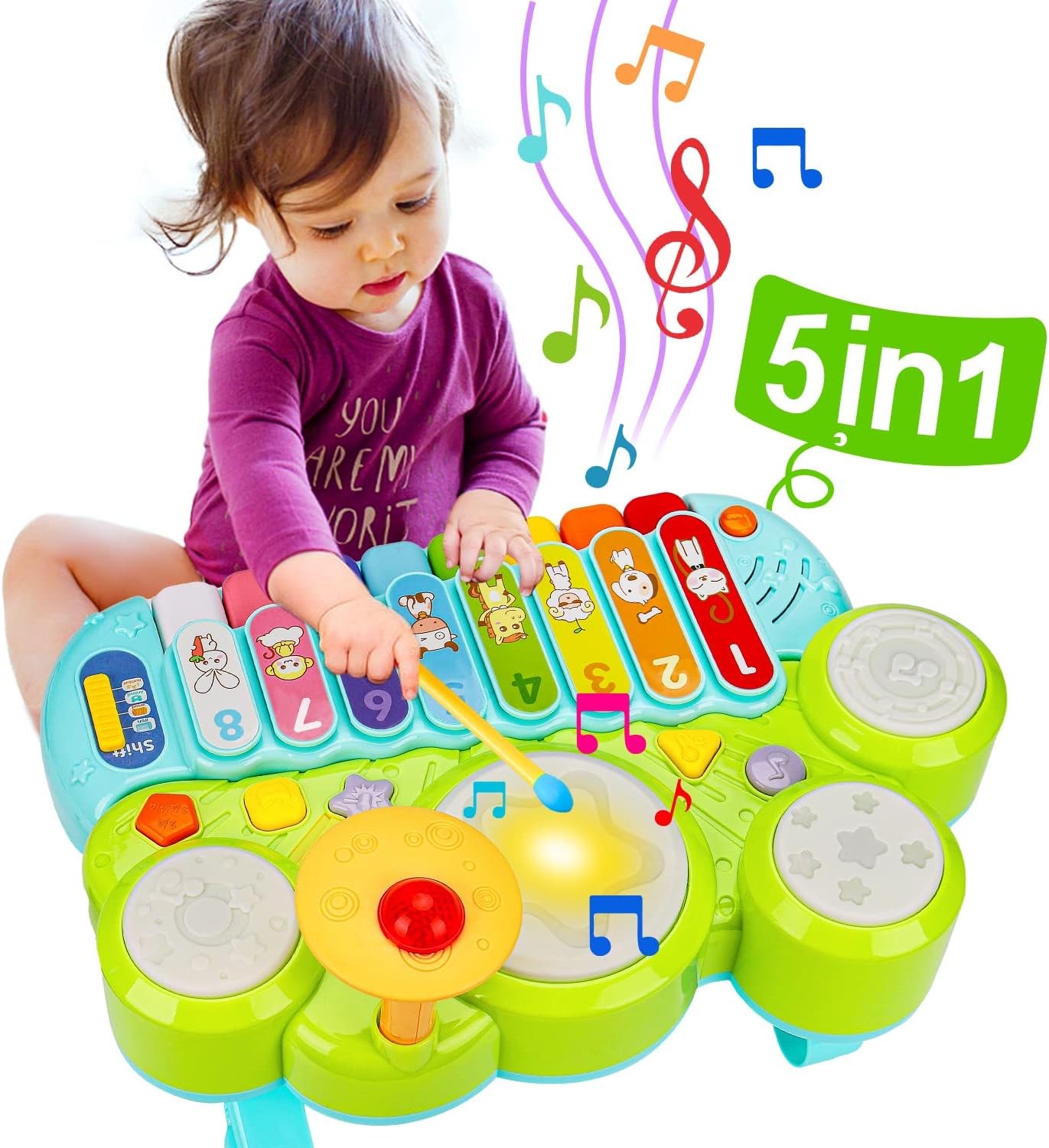 Baby Musical Toys 3 in 1 Piano Keyboard Xylophone Drum Set for 1 Year Old Girls...