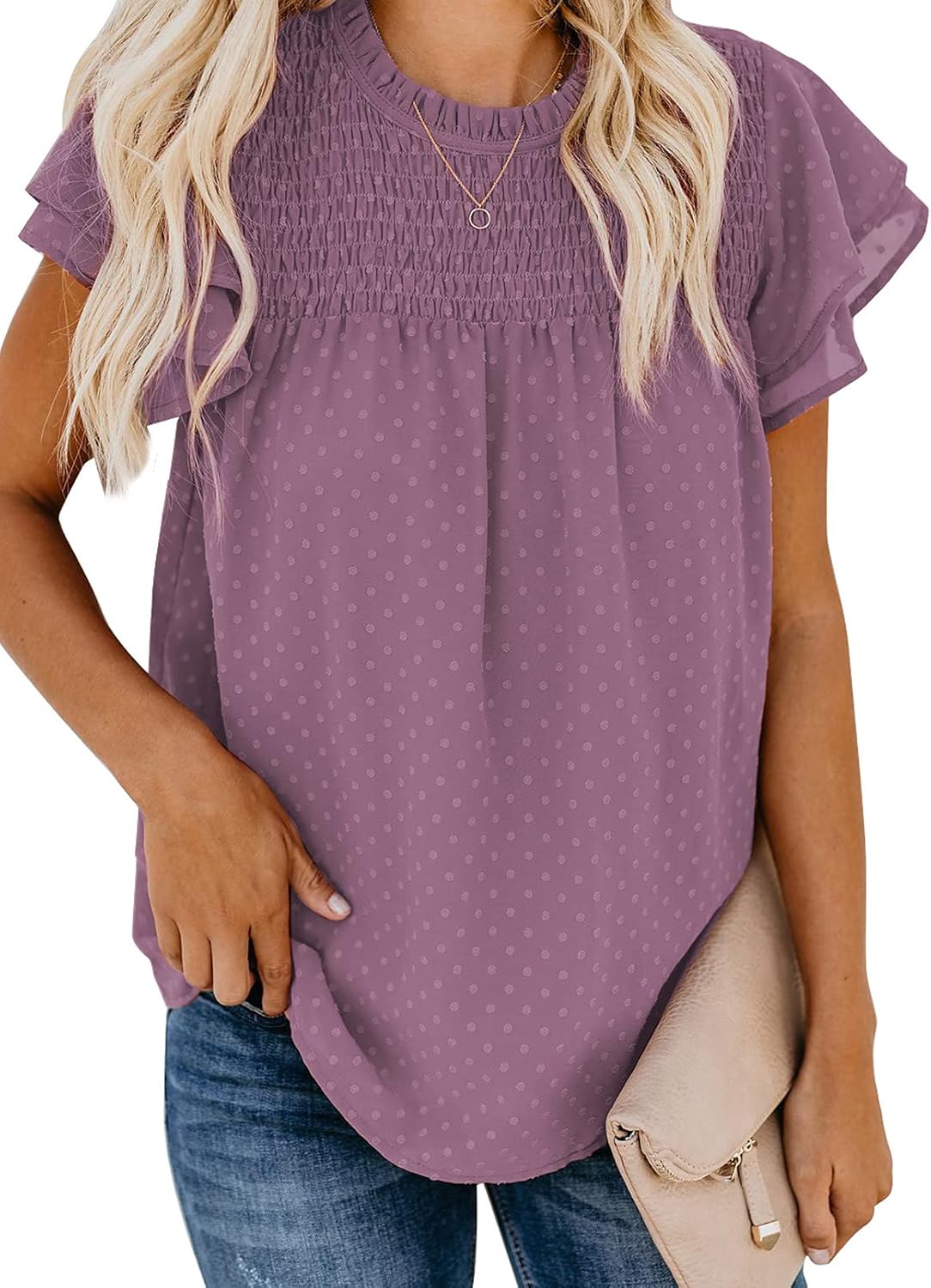 Dokotoo Womens Crewneck Lace Crochet Pom Pom Flowy Short Sleeve Casual Shirts Bl...