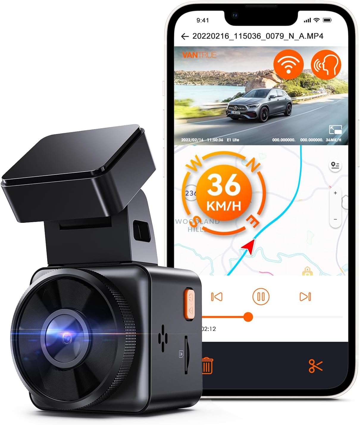 Vantrue E1 Lite 1080P WiFi Mini Dash Cam with GPS and Speed, Free App, Voice Con...