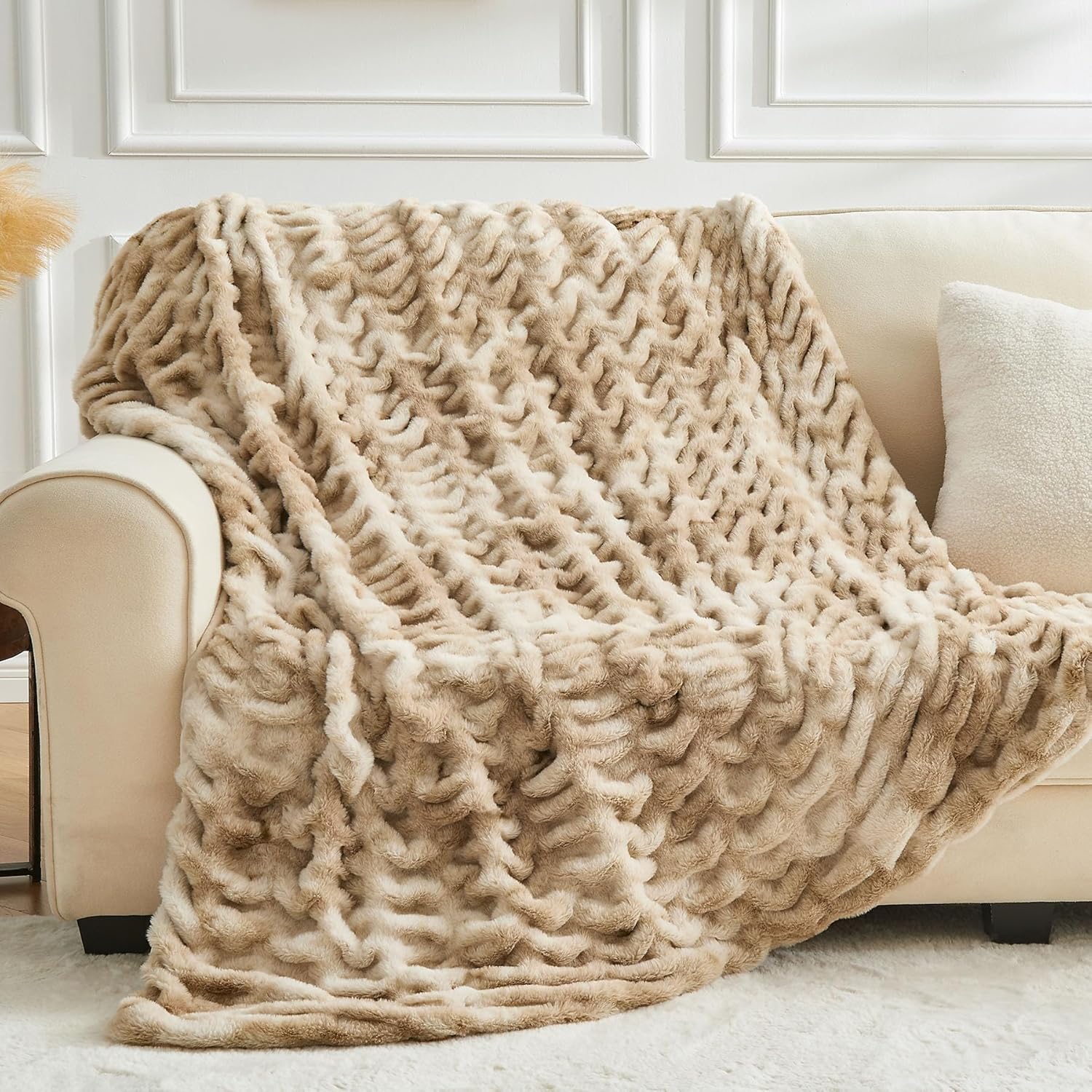 BEDELITE Faux Fur Throw Blanket for Couch, Soft and Cozy Boho Ruched Fluffy Blan...