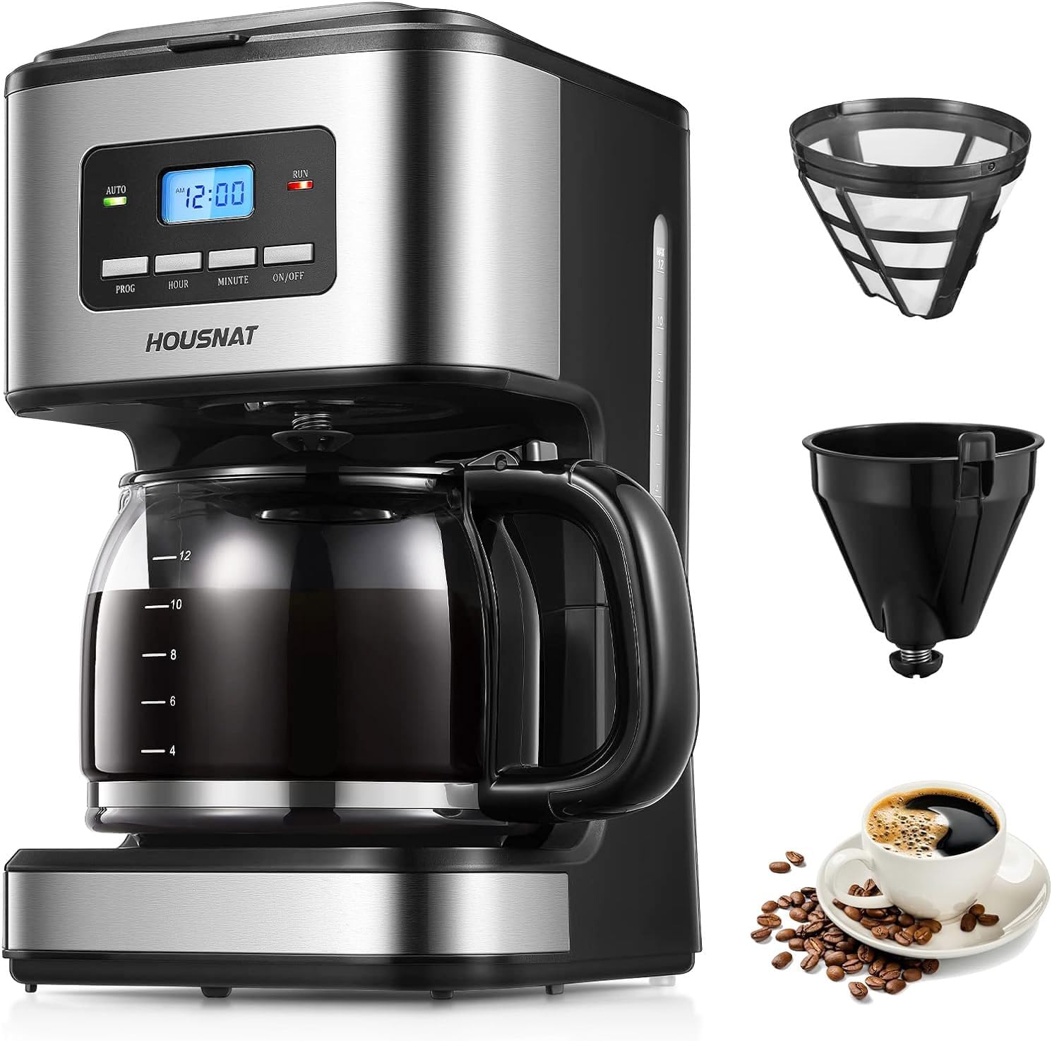 HOUSNAT Filter Coffee Machine, Programmable Drip Coffee Maker, Advanced Showerhe...