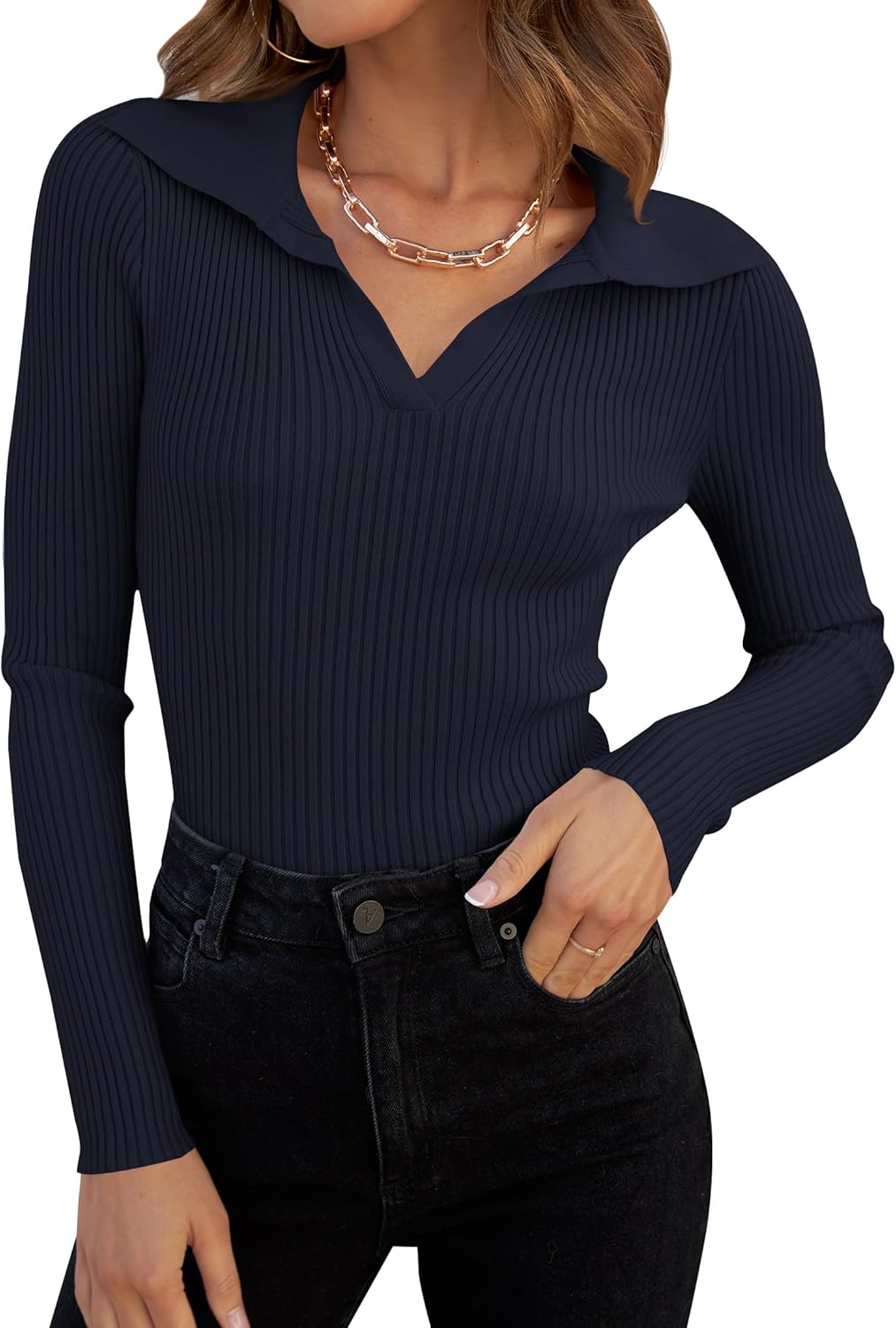 ZESICA Sweaters for Women Spring Long Sleeve V Neck Ribbed Knit Pullover Tops Ca...