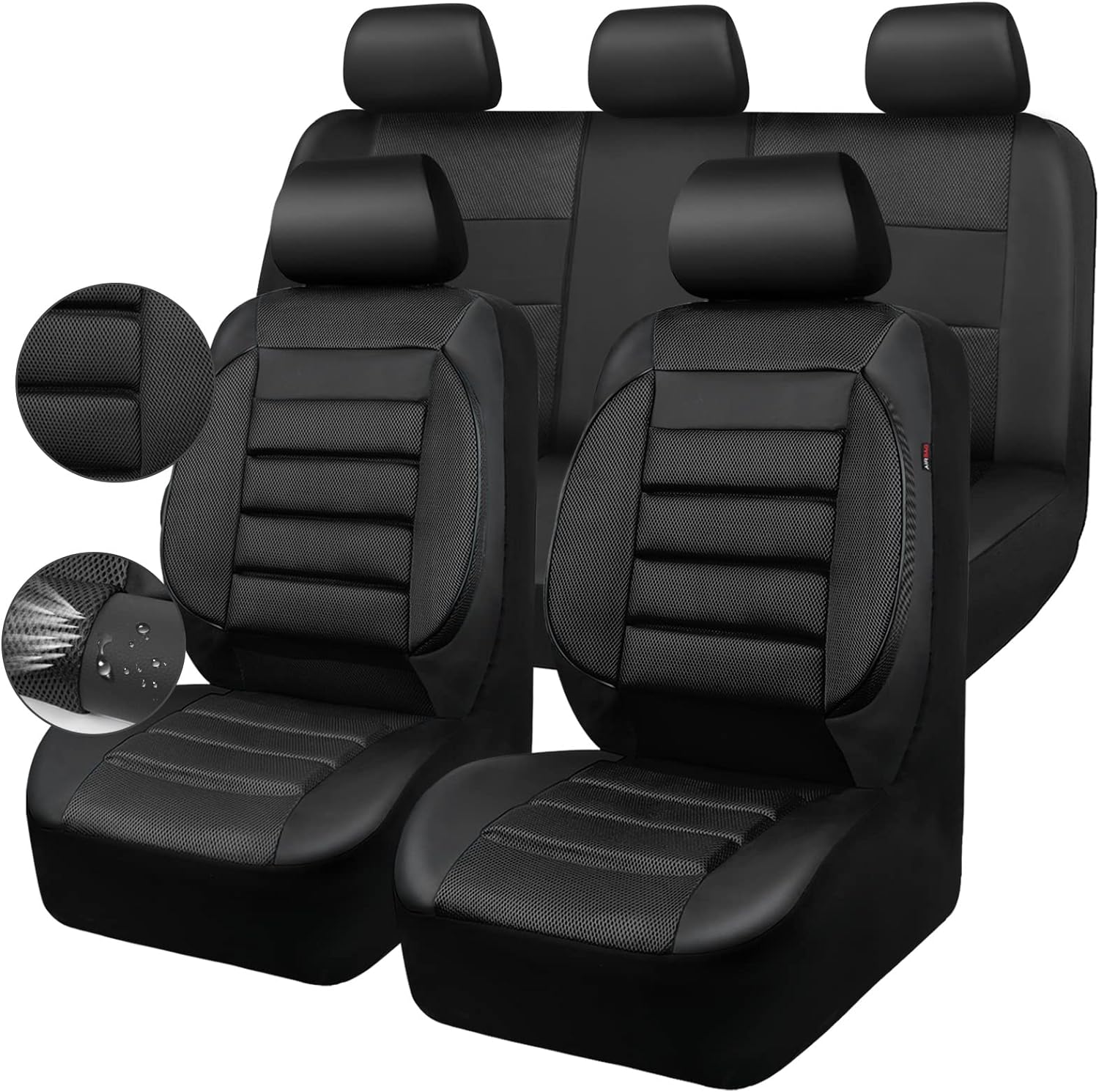 CAR PASS Leather 3D Foam Back Support Car Seat Covers Full Set Air Mesh Automoti...