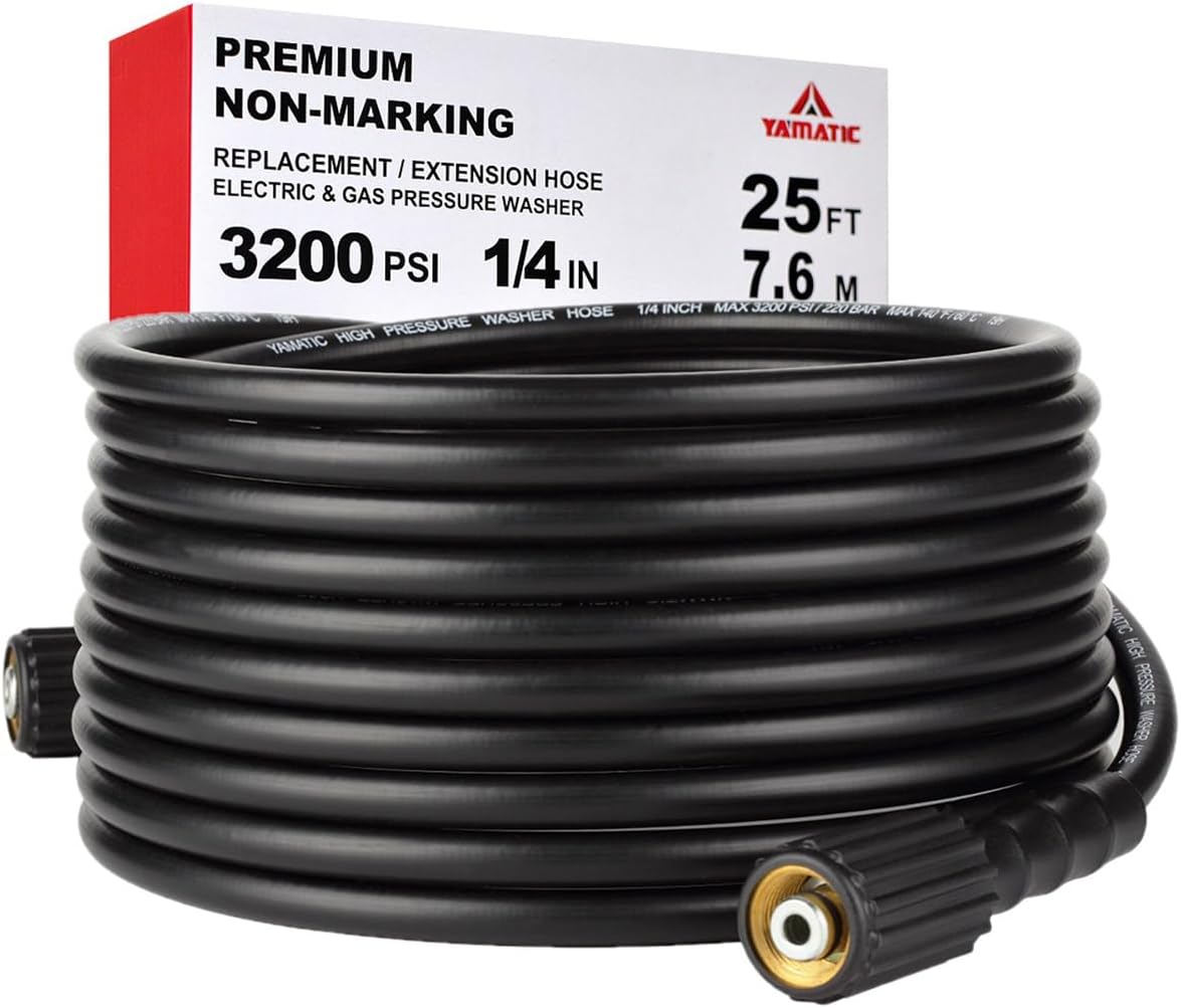 YAMATIC Pressure Washer Hose 25FT 1/4" Kink Resistant M22 Brass Fitting Power Wa...